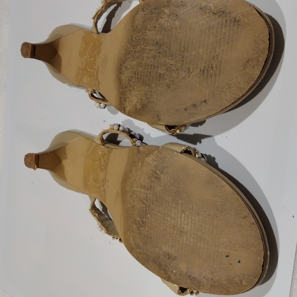 Chic And Stylish,Beige 2 inch heel white embossed With Stone Sandal - Picture 4 of 6